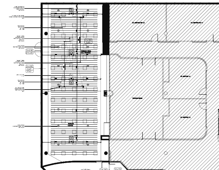 Reflected ceiling plan drawing showing the ceiling grid and ceiling-mounted devices