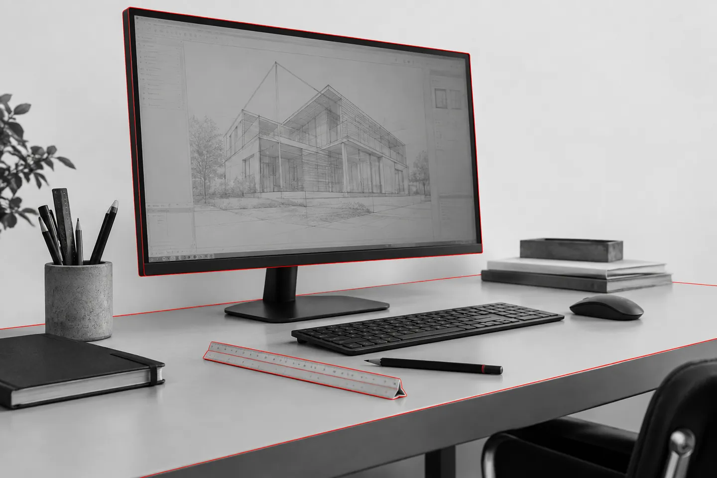 A drafting workstation with a wide monitor, a scale rule and a pencil, traced in red outline