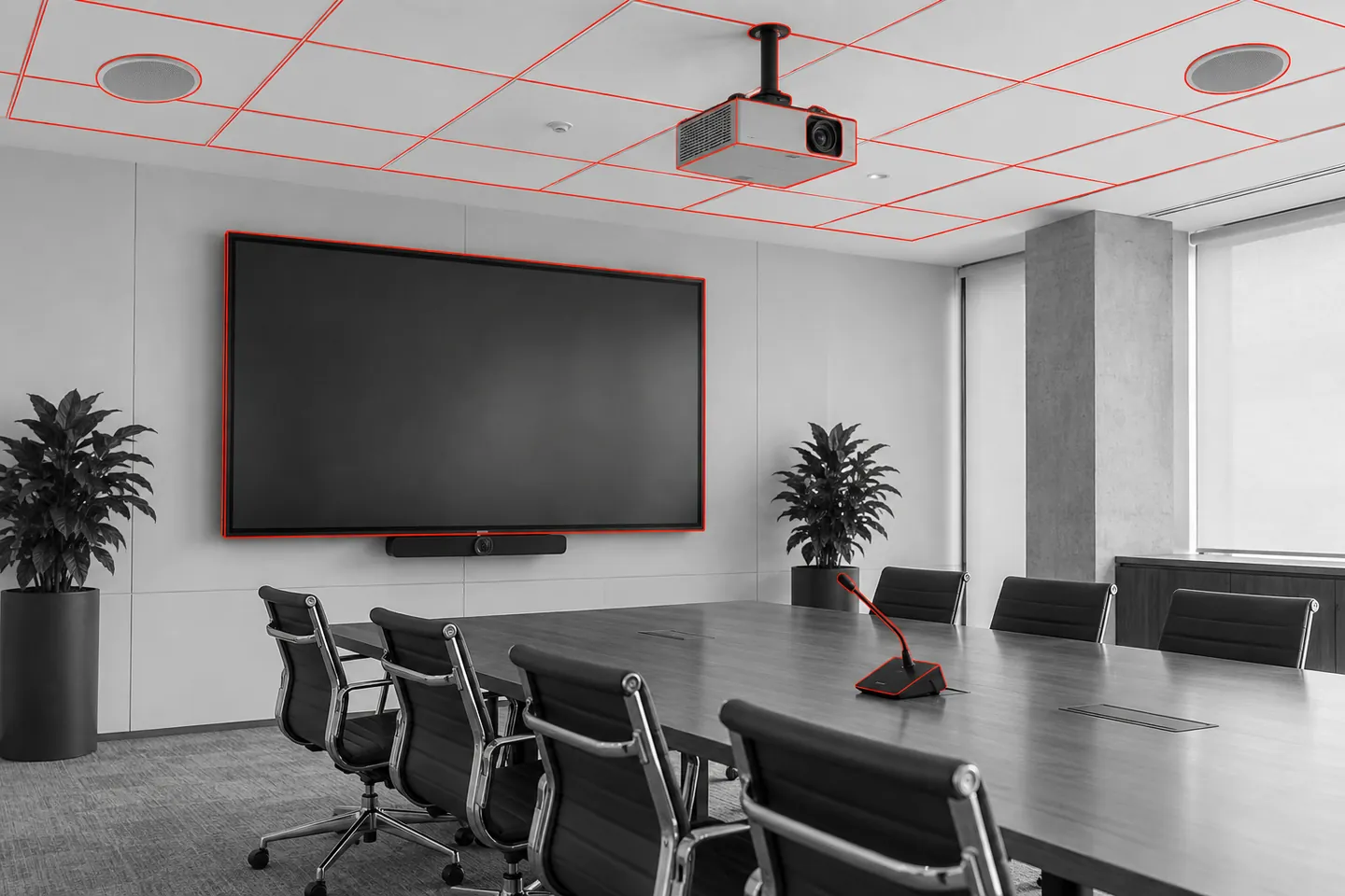 A meeting room with a wall display, ceiling projector and ceiling speakers, traced in red outline