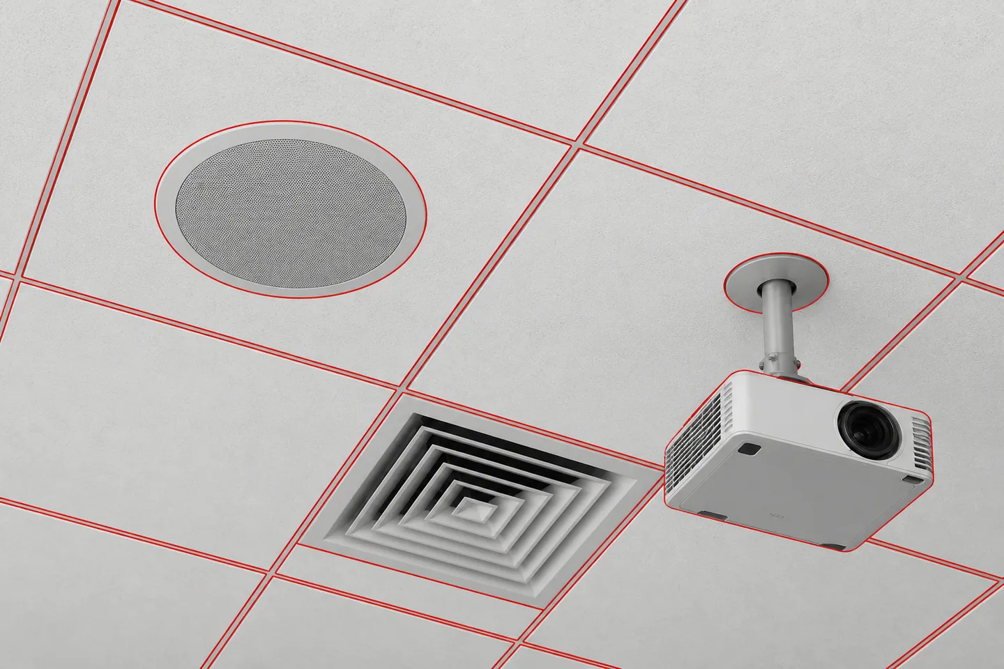 A suspended ceiling grid seen from below, with a flush speaker and a projector mount traced in red outline