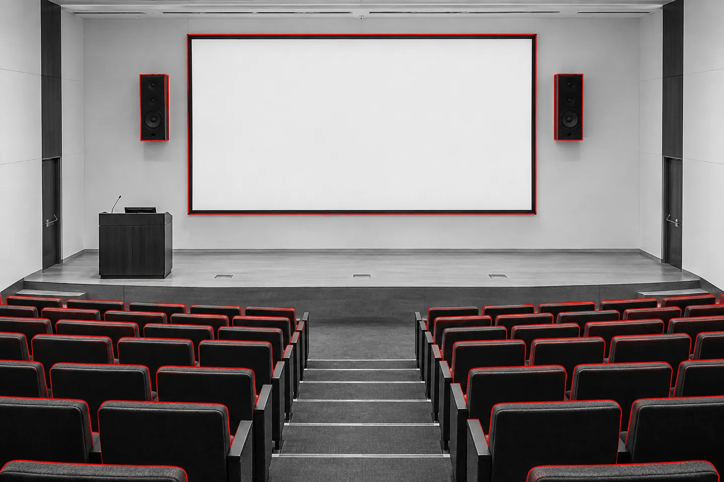 A finished presentation room with tiered seating, a screen and flanking loudspeakers, traced in red outline