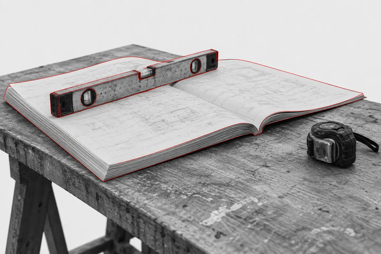 A printed drawing set lying open on a site table beside a spirit level, traced in red outline