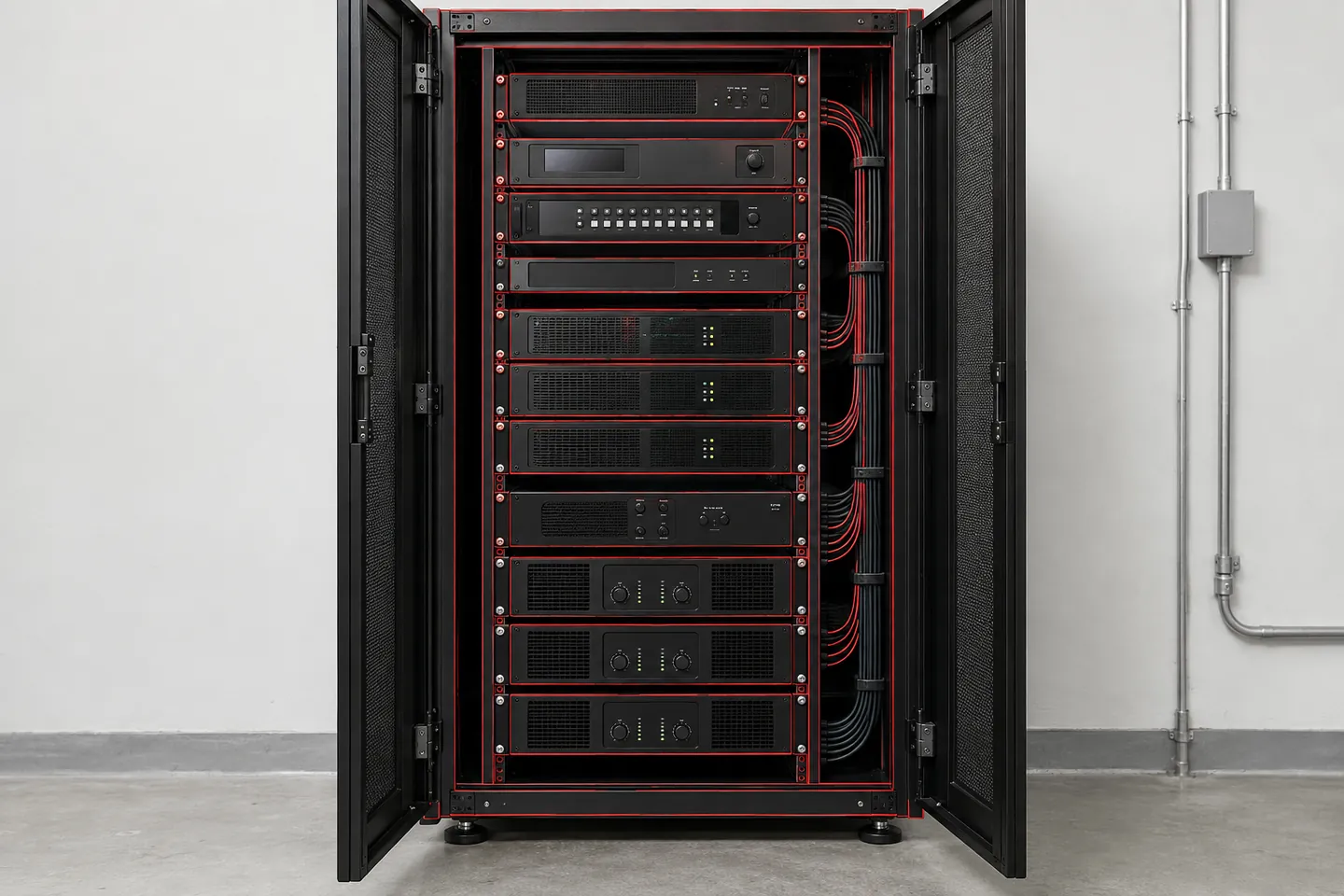 An audio-visual equipment rack with its doors open, rack units and cabling traced in red outline